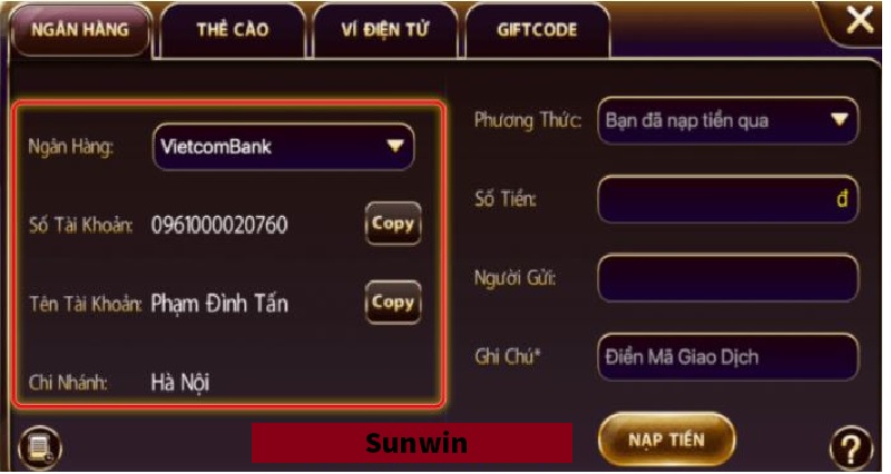 Cách nạp rút nhanh chóng từ sunwin